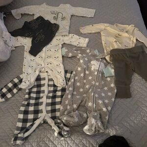 PREEMIE LOT. Two cotton sleepers. One fleece sleeper. Two outfits.